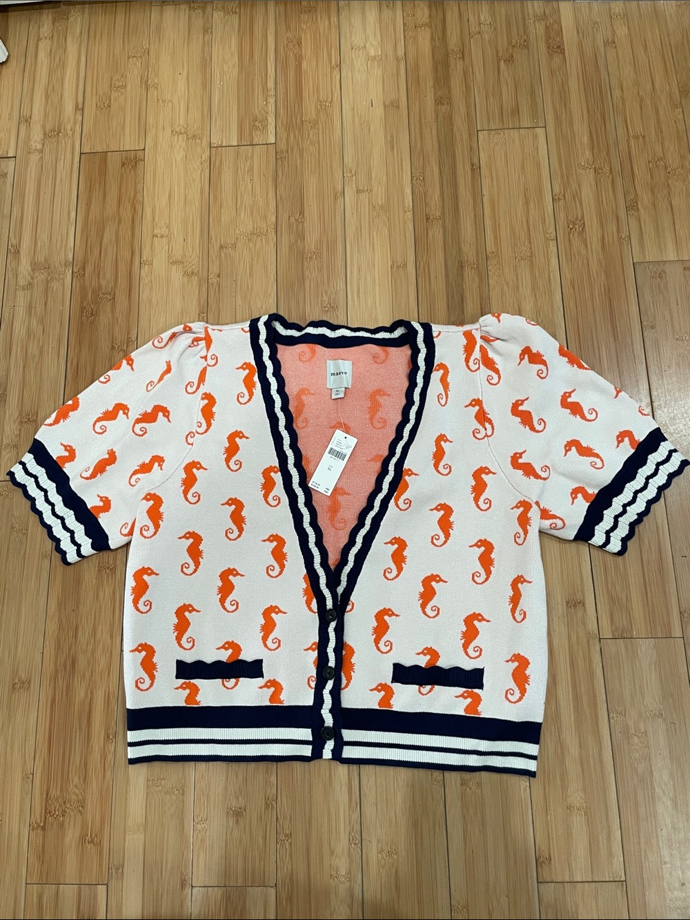 Maeve Orange Seahorse Short Sleeve Cardigan with Navy Trim